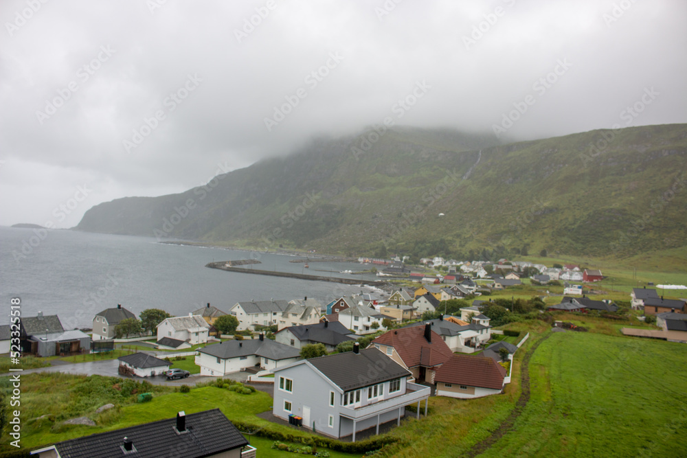 Panorama view of the landscape near Alnes fyr in Alnes on Godøya island in Møre og Romsdal in Norway (Norwegen, Norge or Noreg)