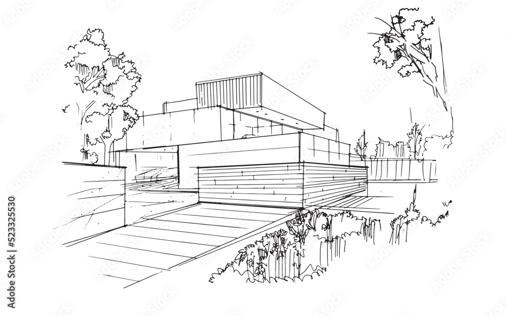 Line drawing, Modern house architecture drawing,2d illustration