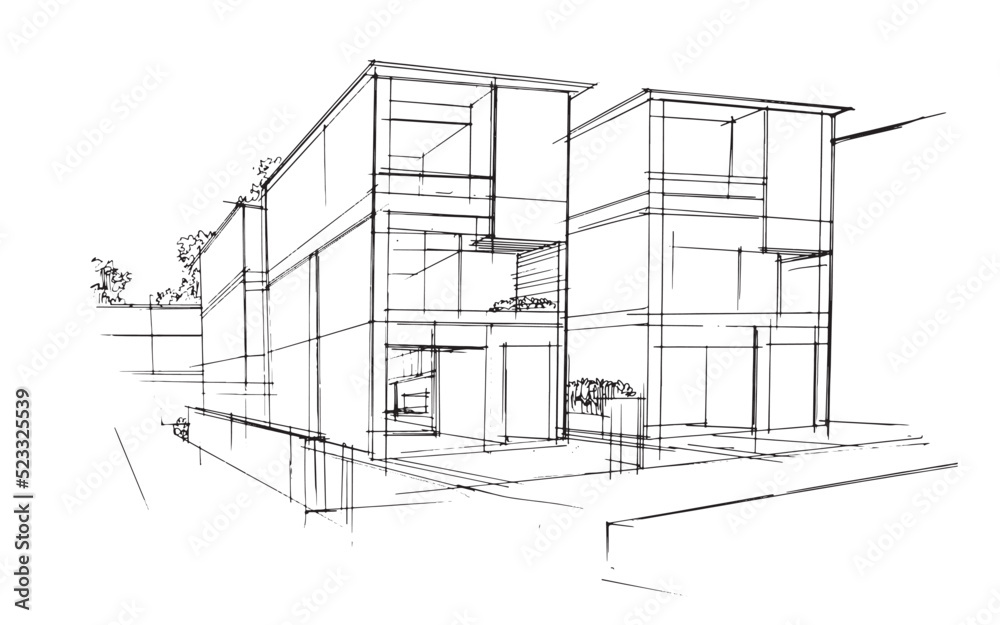 Line drawing of residential ,Line Drawing, town house,2d illustration