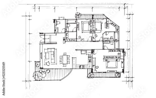 Line drawing of residential house plan, A three-bedroom residential building plan,2d illustration