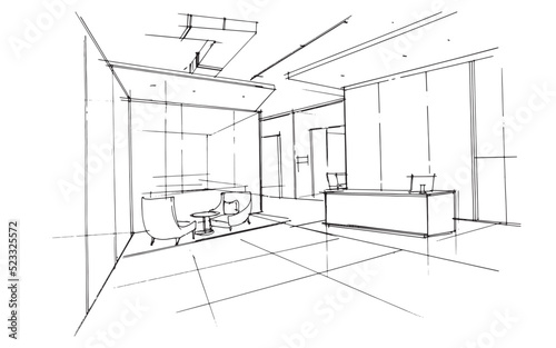 Company office waiting area sketch drawing, in the office, at the reception,2d illustration