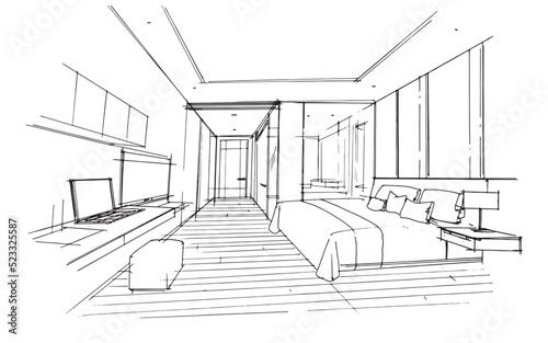 Master bedroom line drawing, Interior design of bedroom,2d illustration