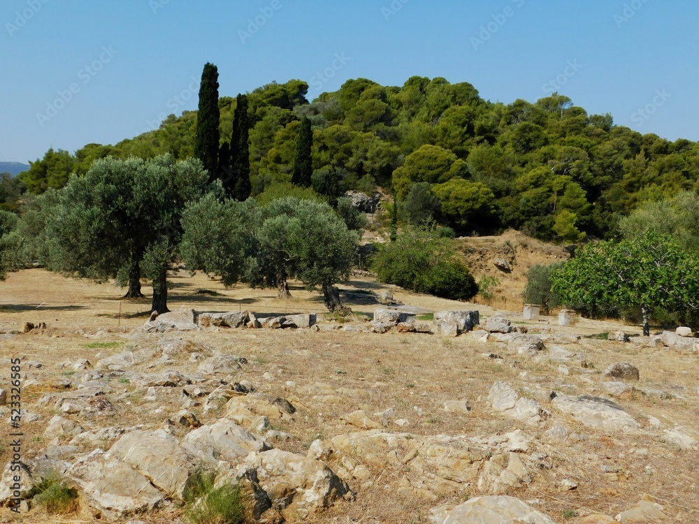 View of the ruins of the ancient sanctuary of Poseidon, on the island of Poros, in Greece