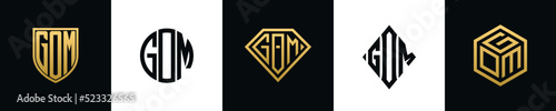 Initial letters GOM logo designs Bundle. This collection incorporated with shield, round, diamond, rectangle and hexagon style logo. Vector template photo