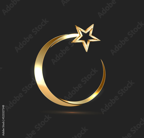 Round golden banner with gold, shining stars on a black background.