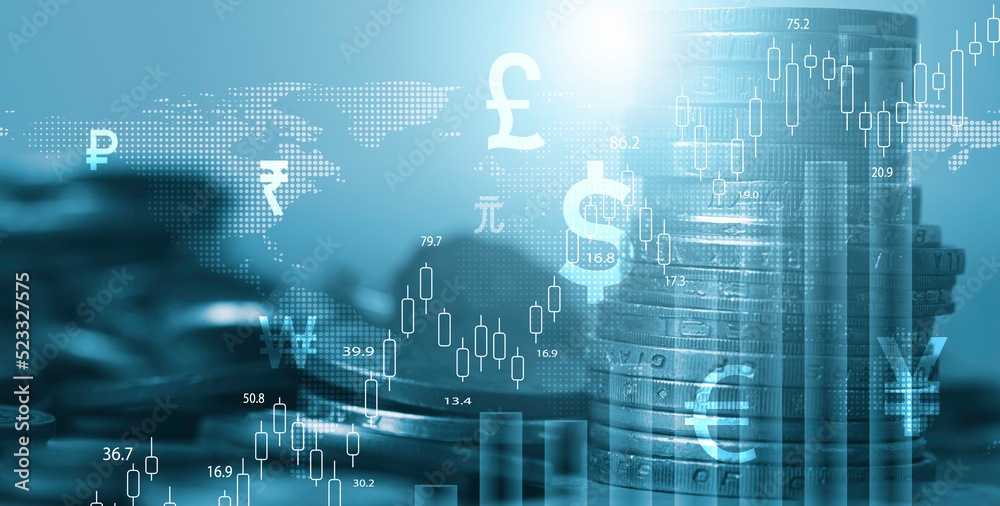 Coin stacking with stock market chart graph and currency sign such as dollar sign for currency exchange and global trade forex concept.