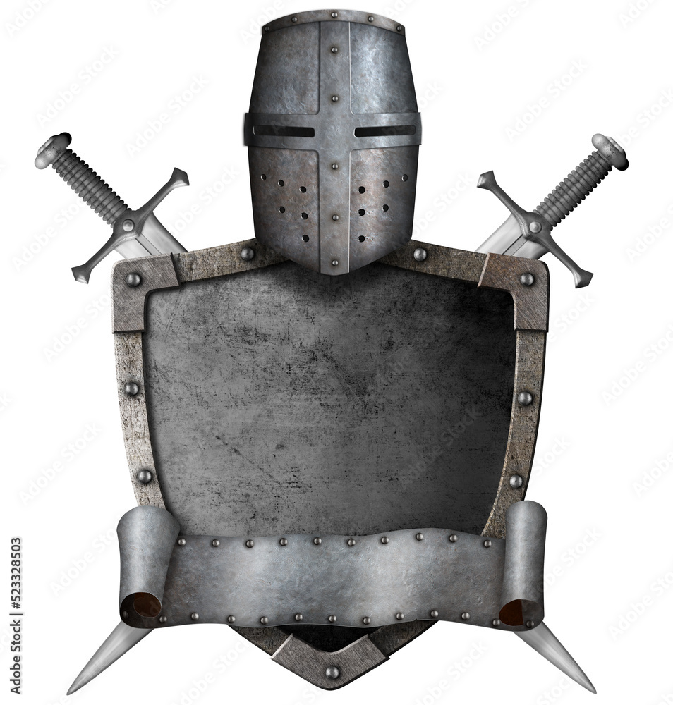 medieval knight shield, helmet and crossed swords isolated 3d