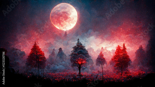 mystery deep forest with red mooon photo