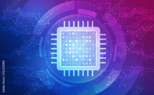Digital technology electronic chip pink blue background concept, CPU RAM memory microprocessor computer electric hardware, cyber future futuristic, abstract big data network tech, illustration vector