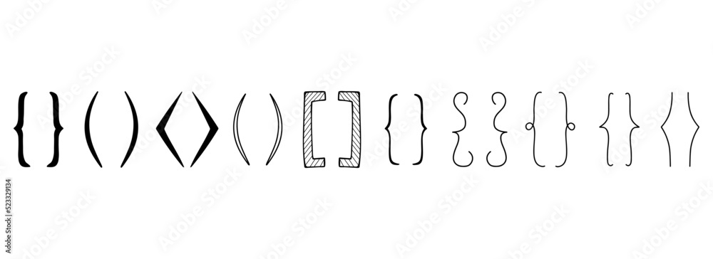 Hand drawn bracket. Brackets icons set. Curly braces, square and corner parentheses. punctuation shapes for messages and quotation. Communication symbols. Graphic design elements vector isolated set