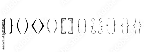 Hand drawn bracket. Brackets icons set. Curly braces, square and corner parentheses. punctuation shapes for messages and quotation. Communication symbols. Graphic design elements vector isolated set