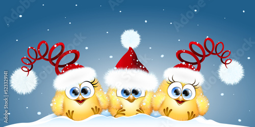 Cartoon Christmas funny little Chicks  sitting in Santa hats under snowfall
