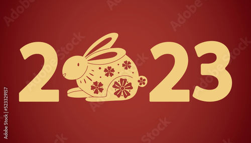 2023 Chinese banner . Golden rabbit, traditional New Year zodiac animal, gold bunny silhouette on red background, Horoscope banner or poster decor. Asian lunar calendar, vector oriental illustration