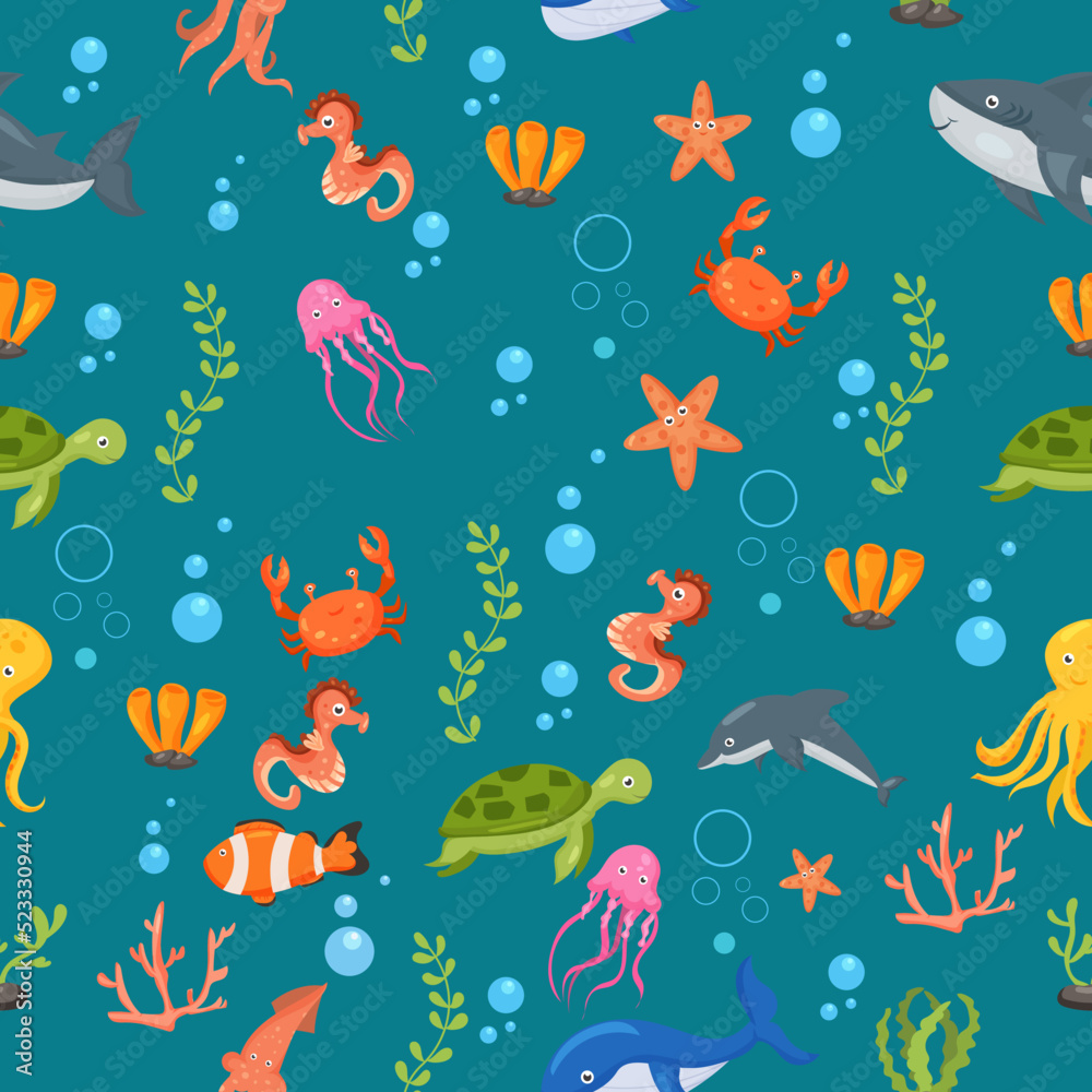 Fish and wild marine animals pattern. Seamless background with cute marine fishes, smiling shark characters and sea underwater world vector nautical wallpaper Stock Vector | Adobe Stock Fish and wild marine animals pattern. Seamless background with cute marine fishes, smiling shark characters and sea underwater world vector nautical wallpaper Stock Vector | Adobe Stock