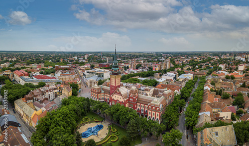 The drone aerial view of city Subotica, Serbia. Subotica is a city and the administrative center of the North Bačka District in the autonomous province of Vojvodina, Serbia.  photo