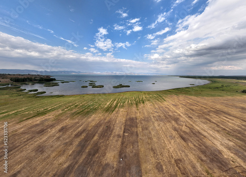 panoramic views of ancient temples and buildings in picturesque places near Lake Sevan in Armenia taken from a drone