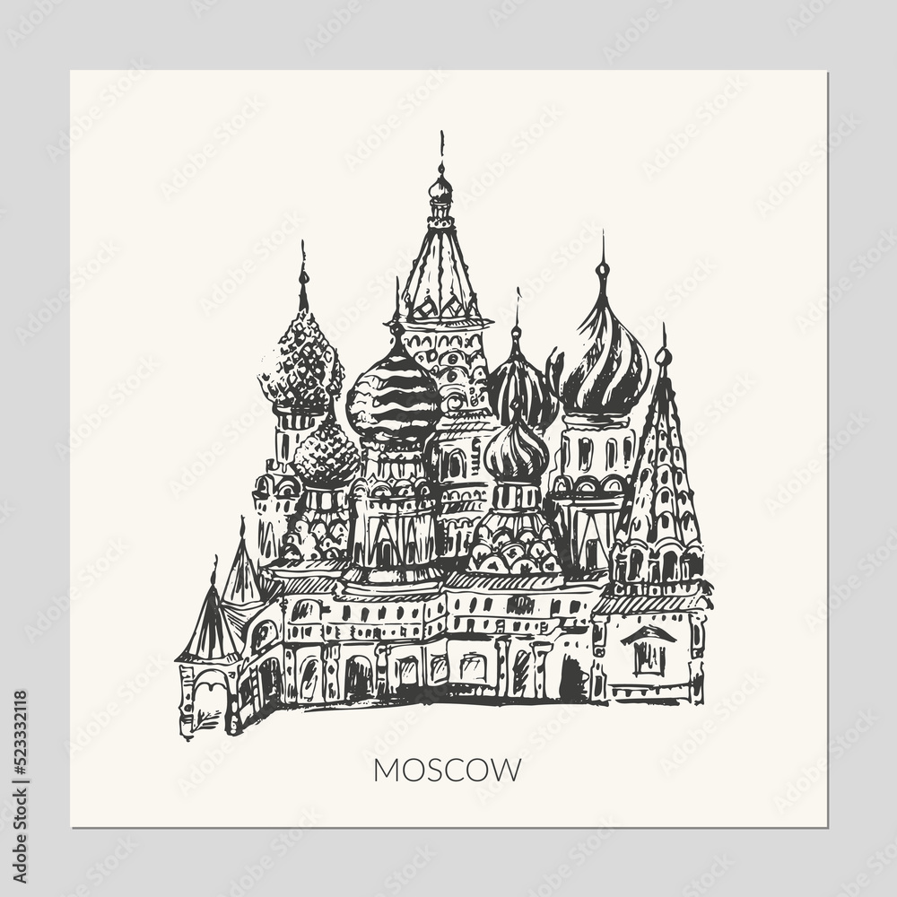 Naklejka premium Hand drawn sketch of St. Basil’s chathedral on the Red square.