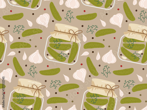 Canned vegetables background. Seamless pattern with pickled cucumber jars. Hand drawn doodle sketch print. Repeated food background for textile, wrapping paper, wallpaper, cover design.