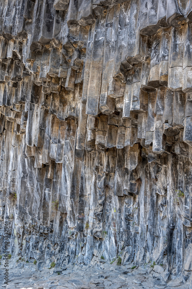 Obraz premium flint stones of regular geometric shape resembling fragments of a petrified giant tree in a valley in Armenia