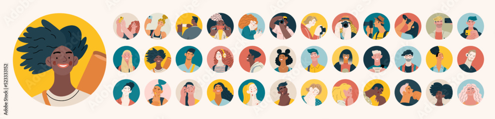 Obraz premium People portrait - Round avatars - Taking photos, Students, Thinking people. Modern flat vector concept illustration of people, head portraits, user avatar. Creative web illustartion