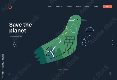 Ecology - Earth day -Modern flat vector concept illustration of a bird filled with ecological symbols of sustainable energy and plants. Creative landing web page template