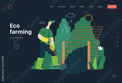 Ecology - Composting, eco farming -Modern flat vector concept illustration of ecology, organic farming metaphor. A man wearing rubber boots, digging composter Creative landing web page template