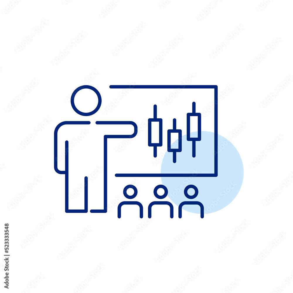 Professor teaching stock trading at blackboard to a classroom of students. Pixel perfect, editable stroke line art icon.