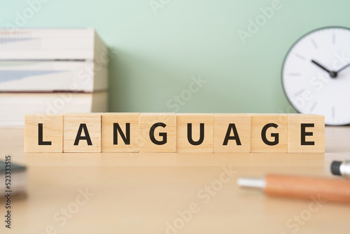 言語のイメージ｜「LANGUAGE」と書かれたブロックが置かれたデスク
 photo
