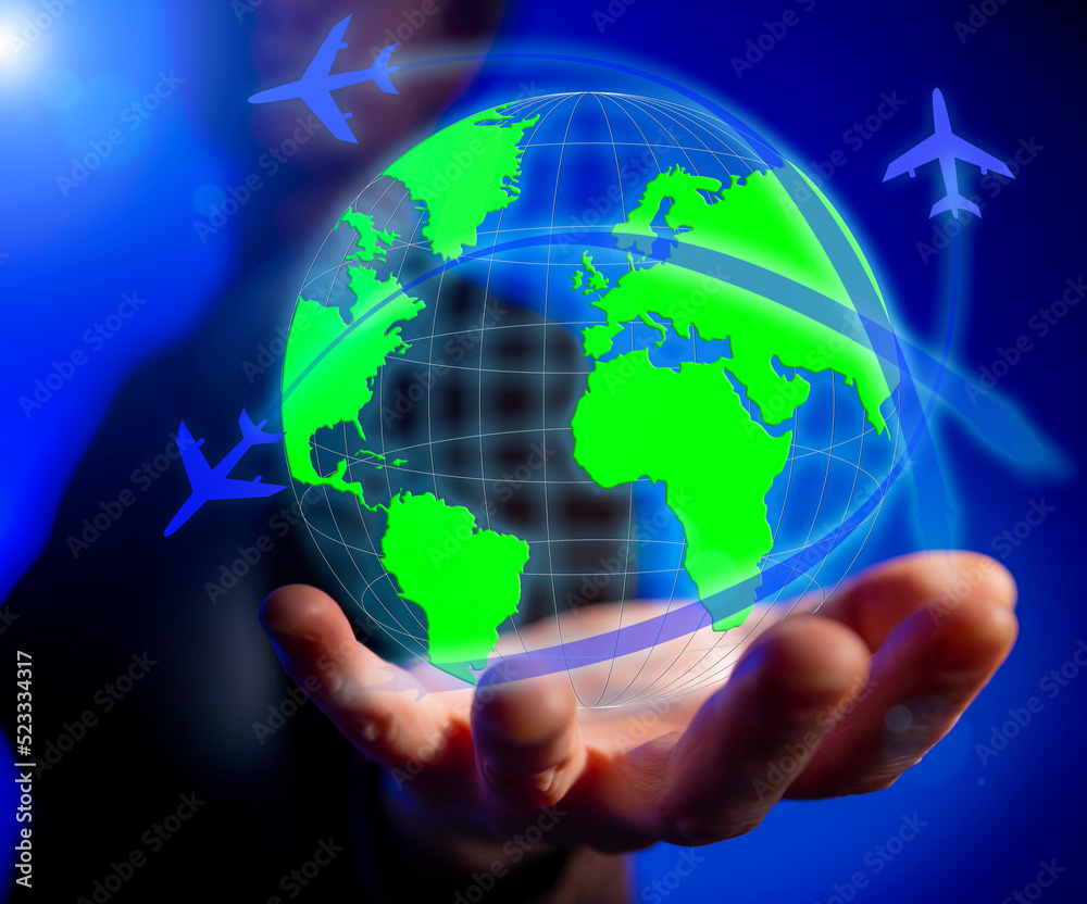 Air travel concept, virtual globe planet earth with flying planes on female hand Air travel concept, virtual globe planet earth with flying planes on female hand