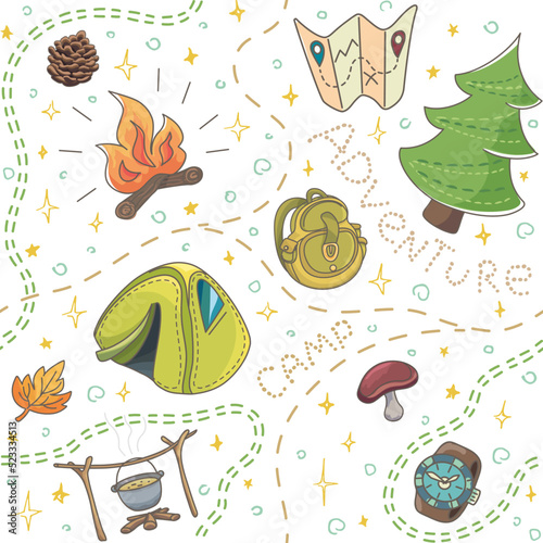 Hiking vector colorful seamless pattern with doodle style. Camp in the forest, cute cartoon elements of nature and equipment tourism, isolated on white background, expedition set for your design.