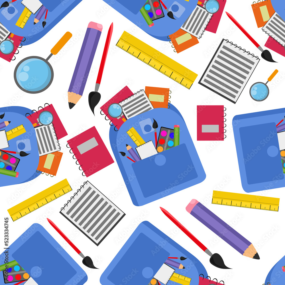 seamless illustration of school supplies in a backpack on a white background. Pencil, notepad, ruler, paints and brush. For billboard, advertising, printing on notebooks, books.
seamless illustration of school supplies in a backpack on a white background. Pencil, notepad, ruler, paints and brush. For billboard, advertising, printing on notebooks, books.