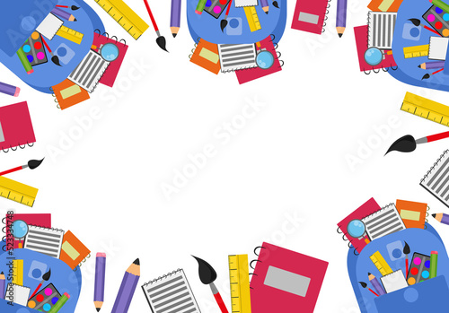 illustration of school supplies in a backpack on a white background with place for text. Pencil  notepad  ruler  paints and brush. For billboard  advertising  signboard. 