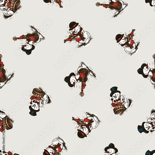Seamless pattern of drawn joyful cartoon musician snowmen playing in christmas
