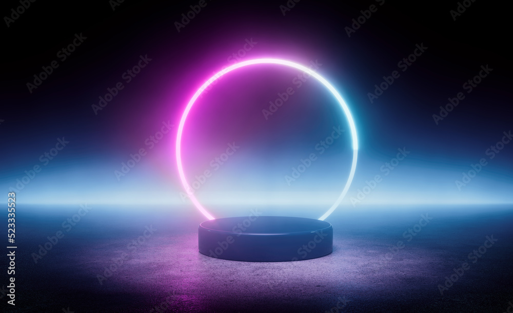 Black round exhibition pedestal and neon colour circle