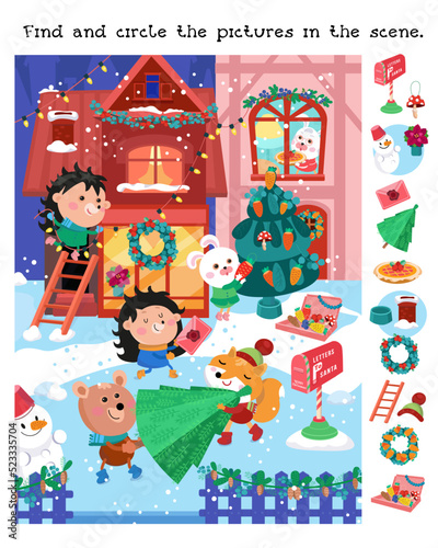 Find and circle objects. Educational game for children. Cute forest animals prepare for Christmas. Winter scene in cartoon style. Vector illustration.