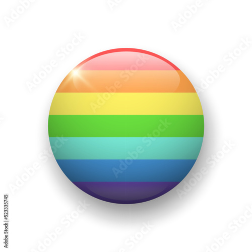 Realistic glossy button with rainbow flag. 3d vector element in colors of LGBT community with shadow underneath. Best for mobile apps, UI and web design.