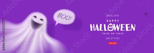 Horizontal banner for Halloween sale. Purple banner with 3d transparent ghost and spider on web. Vector illustration. Happy Halloween holiday banner.