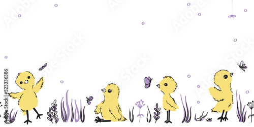 Cute chicks chicks and bugs in nature seamless border on white background. Horizontal vector banner about the friendship of insects and animals. Hand drawn aby print.
