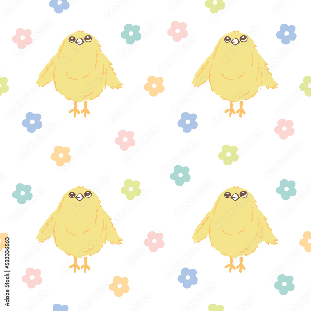 Little yellow chicks and calico print of colorful flowers. Cute delicate print for fabric and paper printing. Little yellow chicks and calico print of colorful flowers. Cute delicate print for fabric and paper printing.