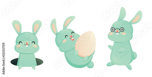Cute blue bunnies in the set. Isolated image of baby rabbits: protruding from a mink, sitting rabbit with glasses, rabbit with an egg on a white background. Vector illustration.