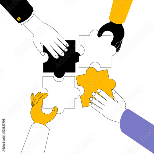 Different hands connect the puzzle pieces. The concept of a vector illustration in a flat style on the theme of connecting parts into a single whole and teamwork.