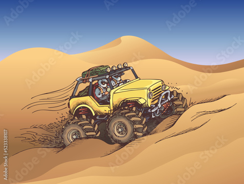 Yellow SUV in the desert, sand racing, colorful vector bright motorsport illustration, hand drawn cartoon image, off road adventure, extreme sport, driver and co-driver racing crew. photo