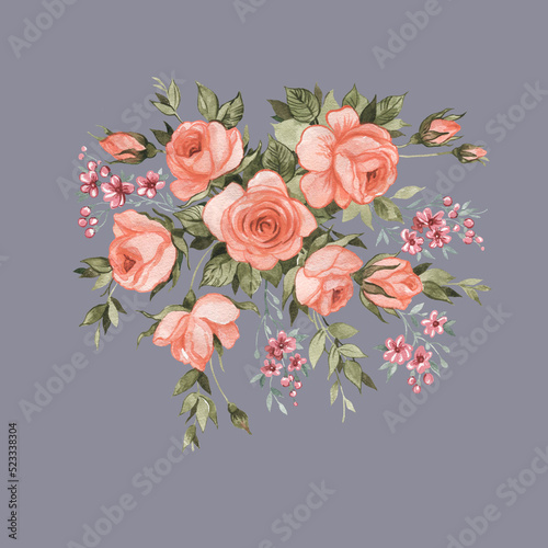Abstract painted on paper bouquet of roses with foliage