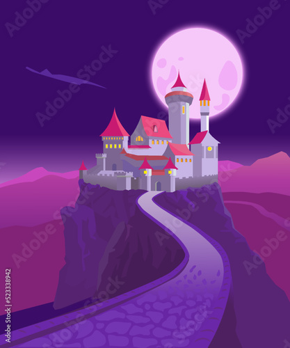 White and pink fairy tale castle. Fairy tale palace and pink full moon behind it. Fairy castle and moonlight on the cliffs. Vector castle drawing.
