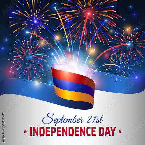 September 21, armenia independence day, vector template with armenian flag and colorful fireworks on blue night sky background. Armenia national holiday september 21st. Independence day card