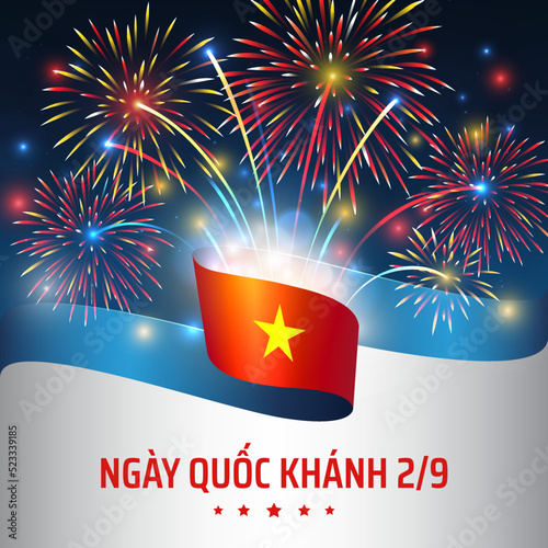 September 2, vietnam independence day, vector template vietnamese flag, colorful fireworks on blue night sky background. National holiday. Greeting card. Translation: September 2, independence day