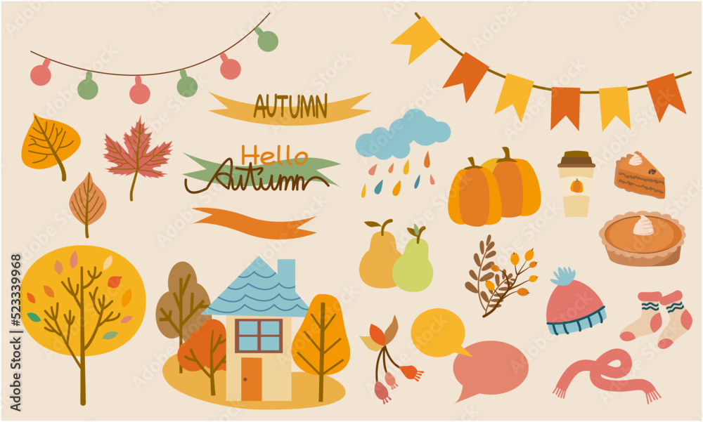Set of autumn icons. pumpkins, fruits, house, fallen leaves and pumpkin pie and cake. Thanksgiving and Autumnal event icon collection for autumnal design. Vector illustration.