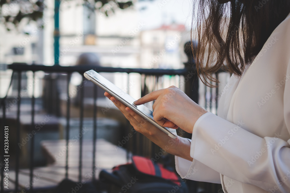 Online business concept: Hands down business woman and tablet