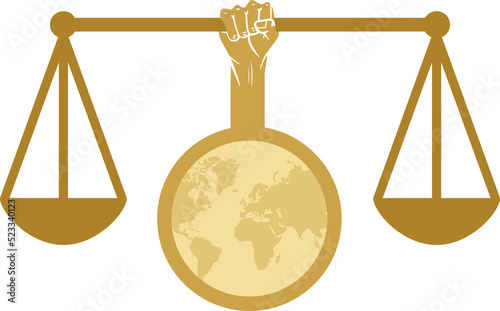 Icon of golden scales hold by a hand. Human rights and justice concept.