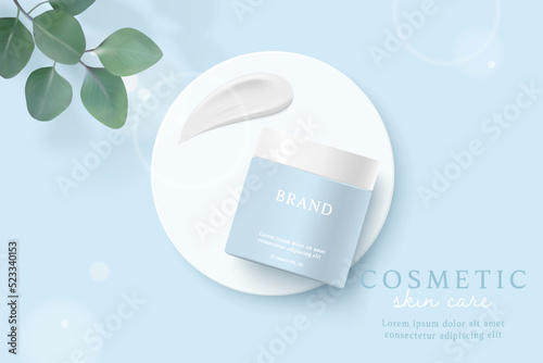 Cosmetics and skin care product ads template on blue background with cream.